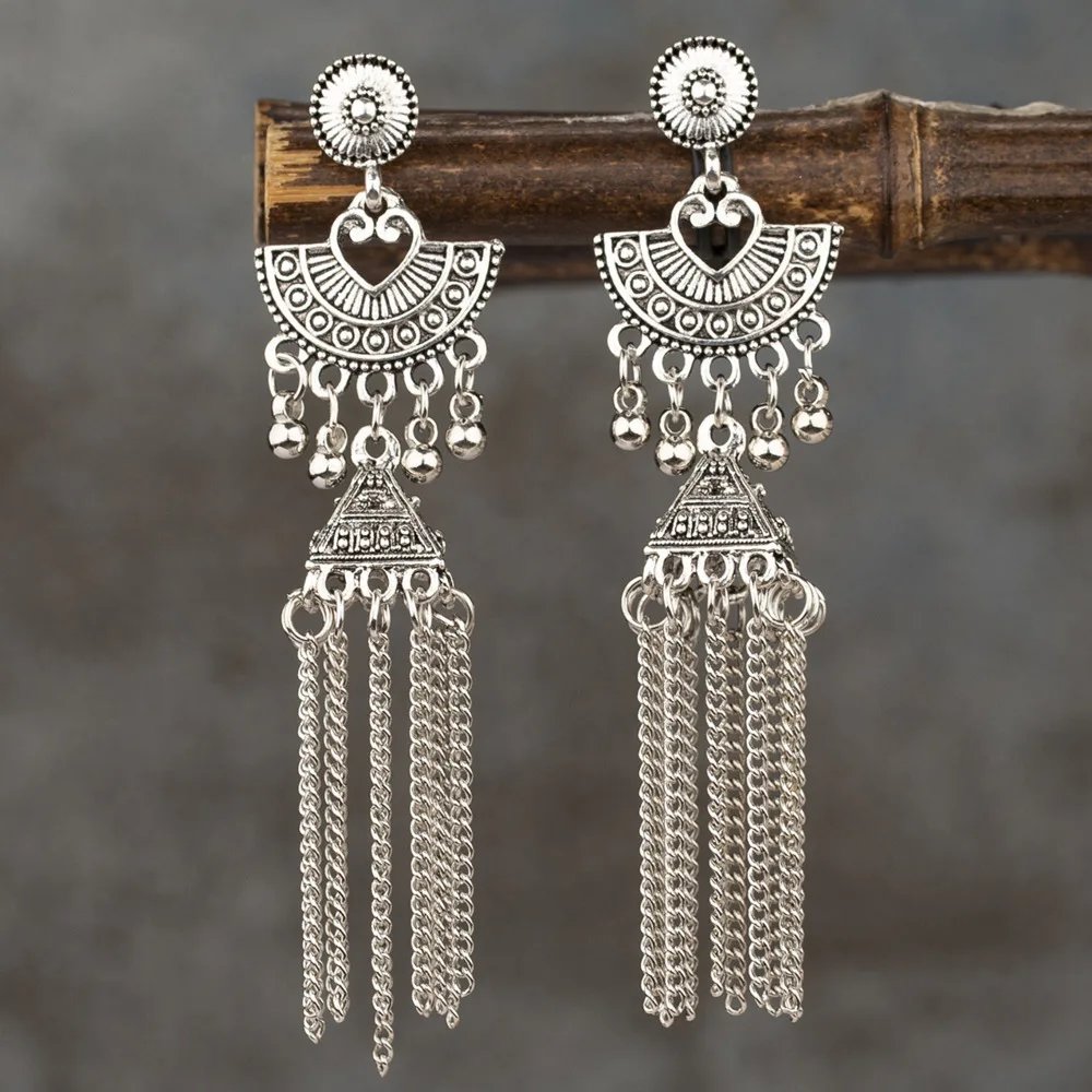 Gypsy Indian Jhumka Jewelry Ethnic Vintage Antique Alloy Carved Totem Bells Tassel Hanging Earrings For Women