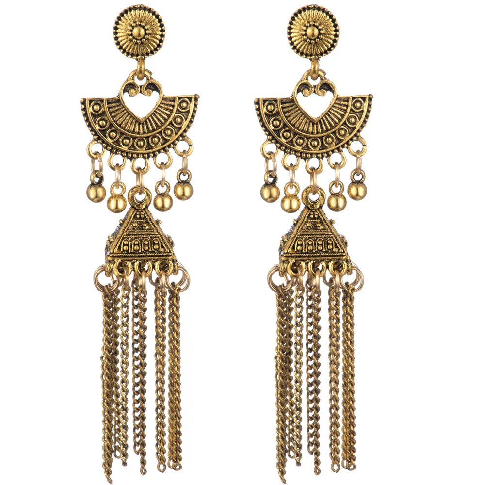 Gypsy Indian Jhumka Jewelry Ethnic Vintage Antique Alloy Carved Totem Bells Tassel Hanging Earrings For Women