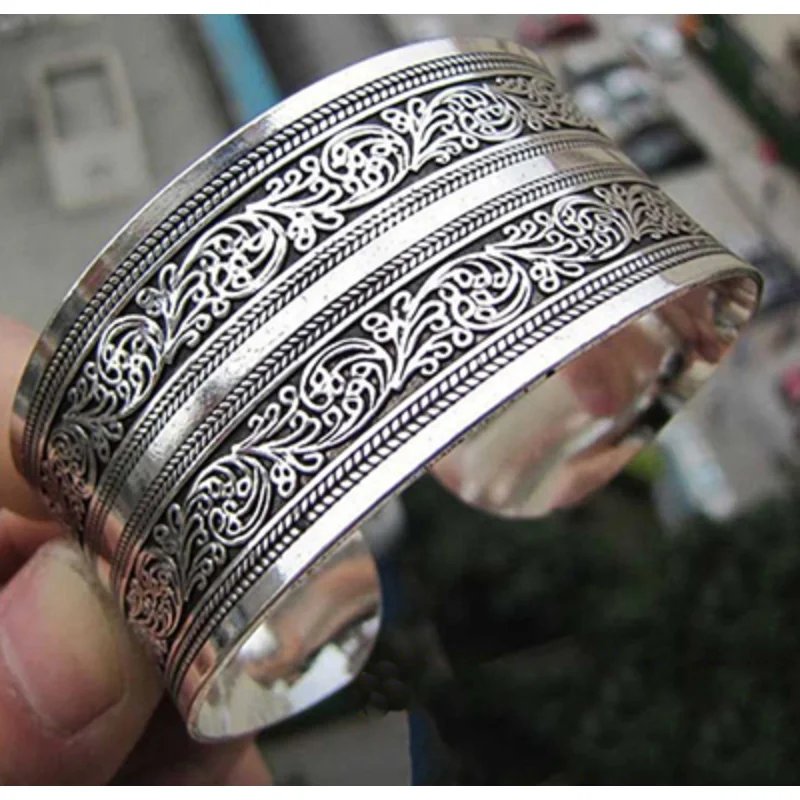 Vintage Antique Silver Color Animal Snake Flower Pattern Bangles For Women Bohemian Open Metal Bracelets Party Jewelry Gifts