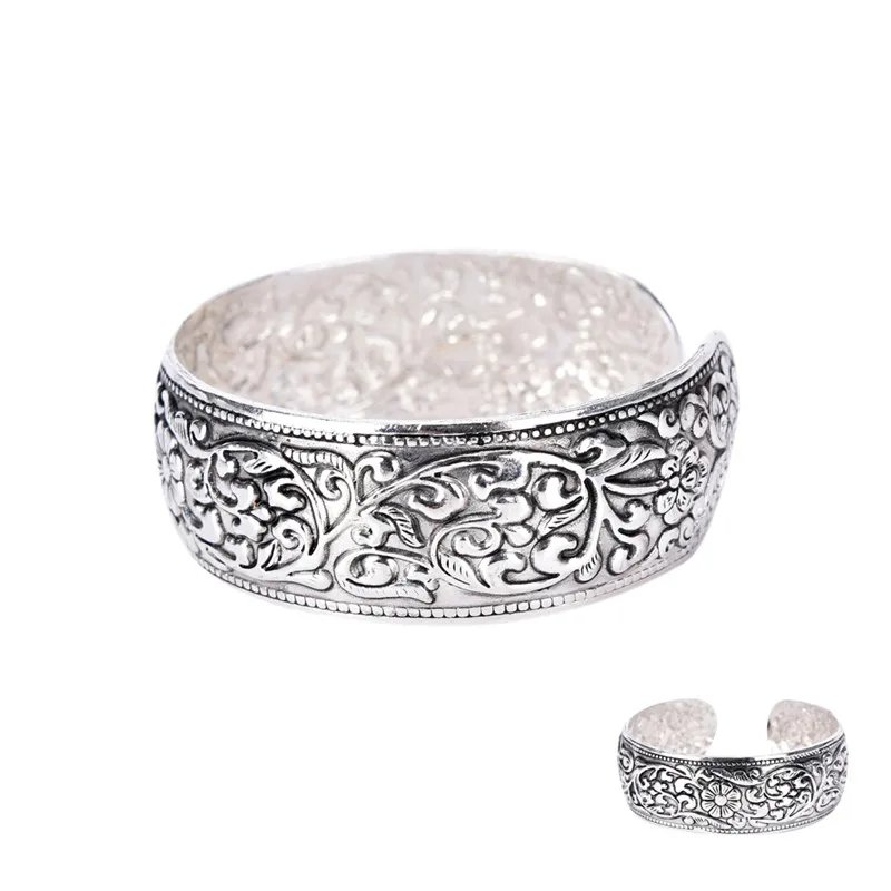 Vintage Antique Silver Color Animal Snake Flower Pattern Bangles For Women Bohemian Open Metal Bracelets Party Jewelry Gifts