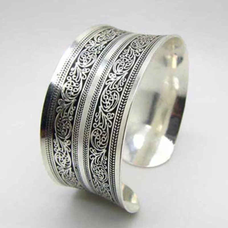 Vintage Antique Silver Color Animal Snake Flower Pattern Bangles For Women Bohemian Open Metal Bracelets Party Jewelry Gifts