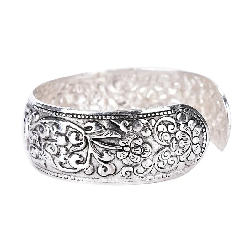 Vintage Antique Silver Color Animal Snake Flower Pattern Bangles For Women Bohemian Open Metal Bracelets Party Jewelry Gifts