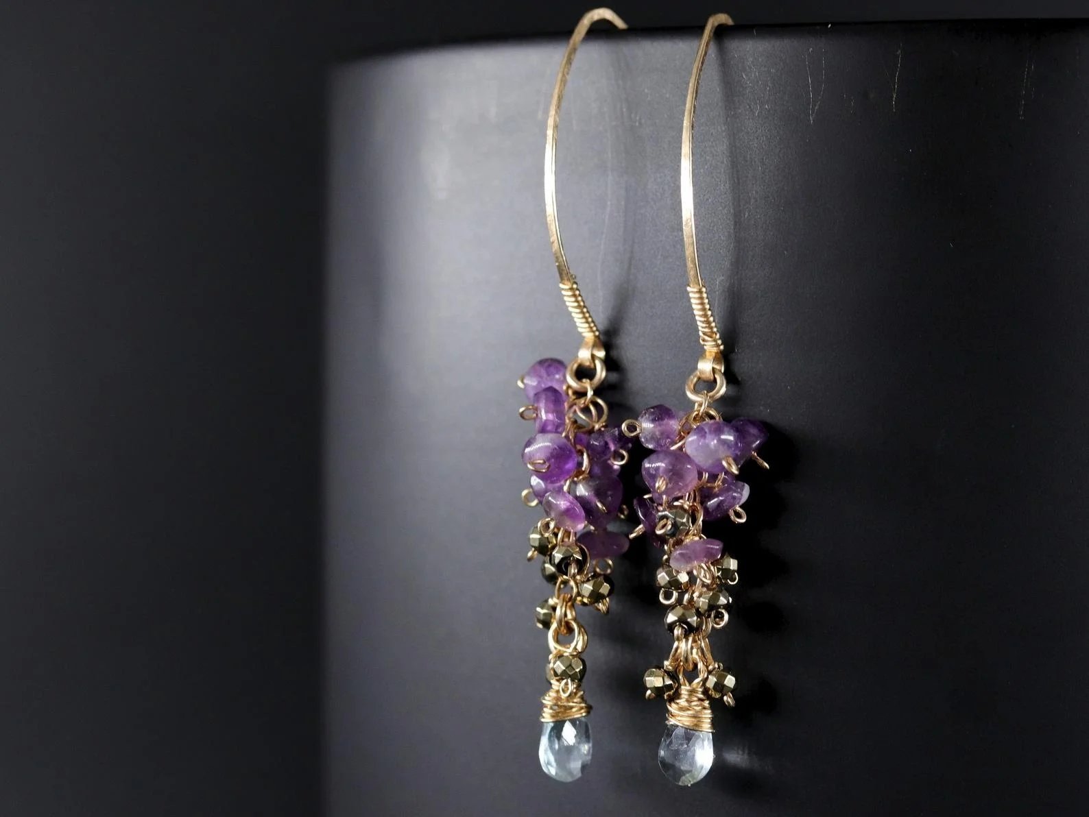Amethyst, Pyrite, and Natural Aquamarine Cascade Hoop Earrings