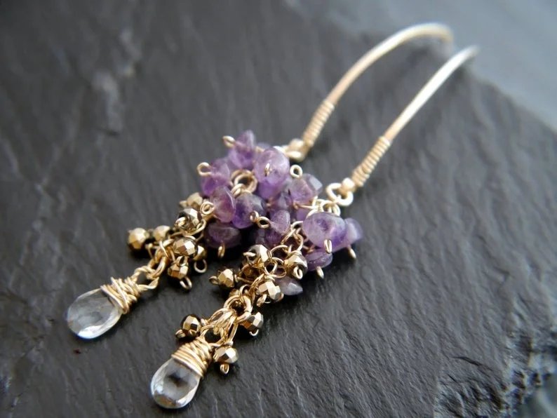 Amethyst, Pyrite, and Natural Aquamarine Cascade Hoop Earrings