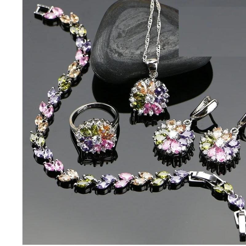 Bride 925 Silver Jewelry Sets For Women Flower With Multicolor Cubic Zirconia Necklace/Ring/Earrings/Bracelet/Pendant