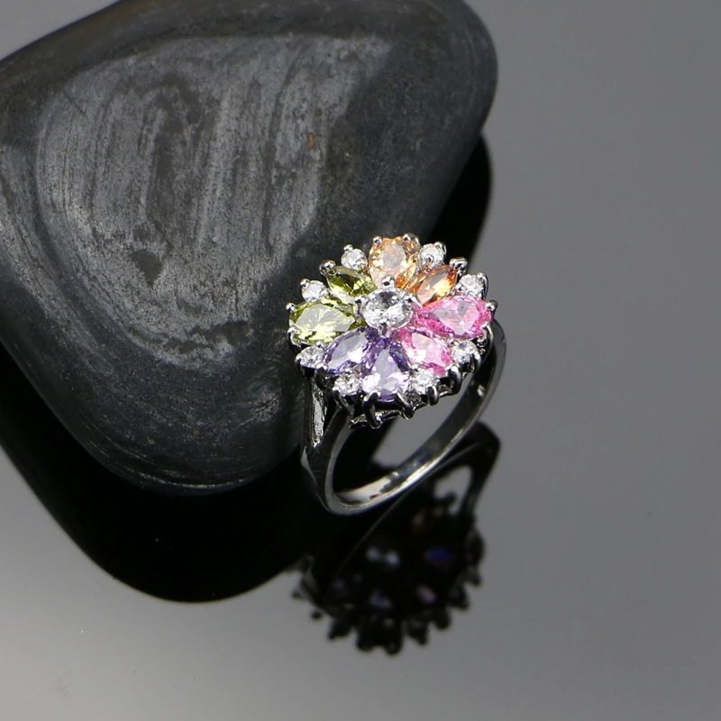 Bride 925 Silver Jewelry Sets For Women Flower With Multicolor Cubic Zirconia Necklace/Ring/Earrings/Bracelet/Pendant