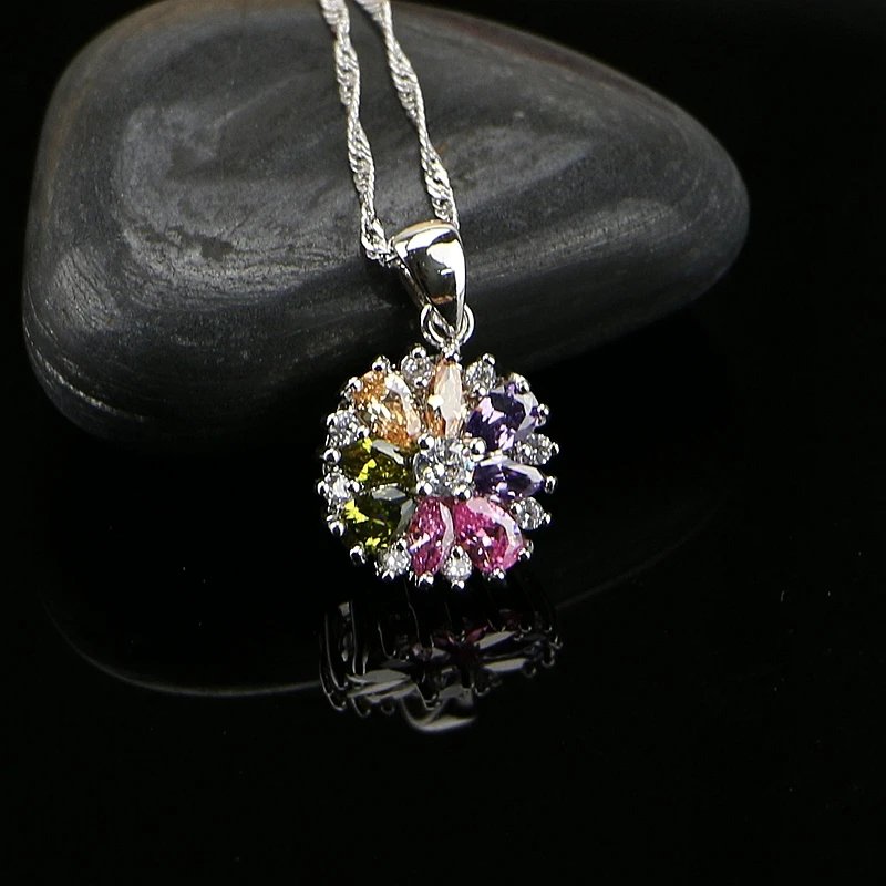 Bride 925 Silver Jewelry Sets For Women Flower With Multicolor Cubic Zirconia Necklace/Ring/Earrings/Bracelet/Pendant