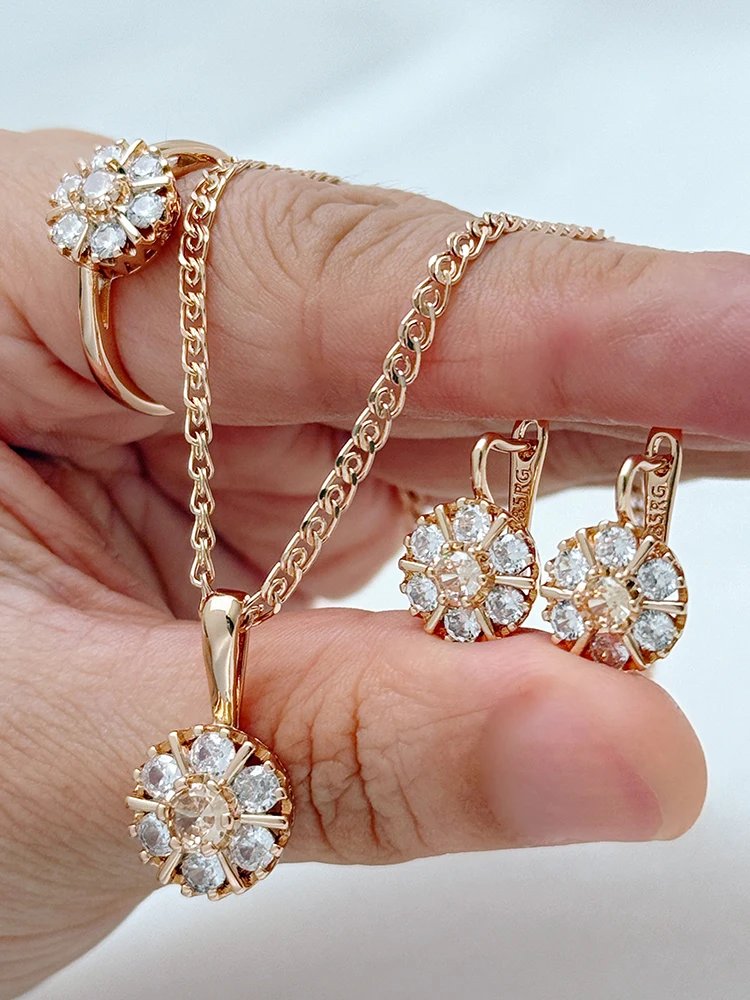Kienl Trend 585 Rose Gold Color Ring Earrings Necklace for Women Shiny Natural Zircon Accessories High Quality Daily Jewelry