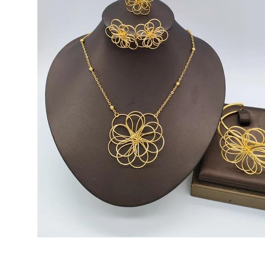 Gold Plated Flower Jewelry Set Women Gold Color Wedding Luxury Wedding Bangle Ring Necklace Earring Dubai African Party Gift