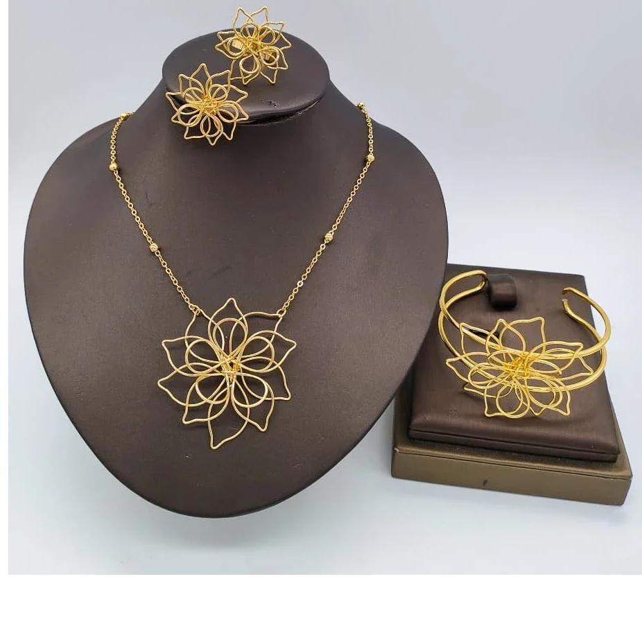 Gold Plated Flower Jewelry Set Women Gold Color Wedding Luxury Wedding Bangle Ring Necklace Earring Dubai African Party Gift