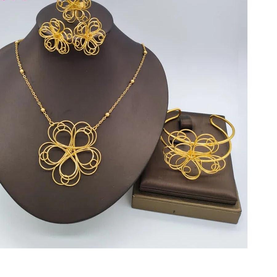 Gold Plated Flower Jewelry Set Women Gold Color Wedding Luxury Wedding Bangle Ring Necklace Earring Dubai African Party Gift