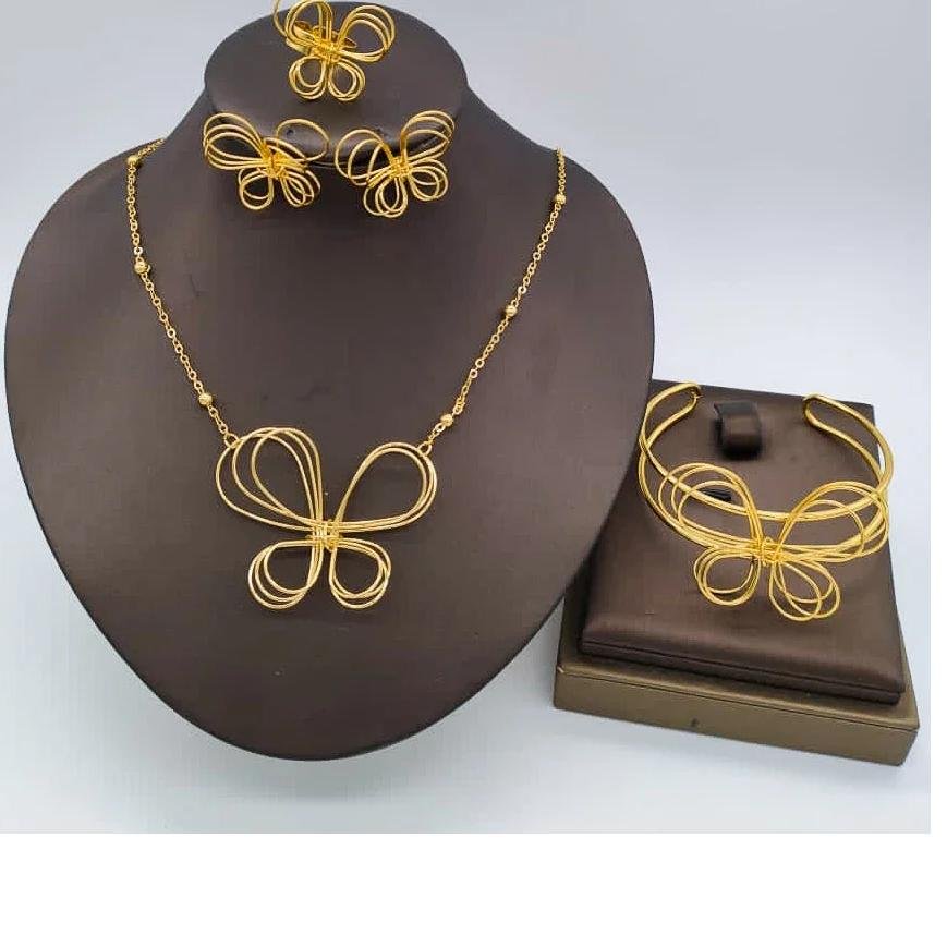 Gold Plated Flower Jewelry Set Women Gold Color Wedding Luxury Wedding Bangle Ring Necklace Earring Dubai African Party Gift