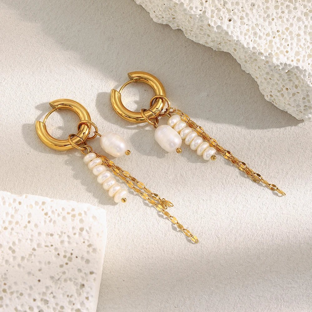 E.B.belle PVD Plated Gold Color Pearl Tassel Chain Hoop Earrings Stainless Steel Elegant Style Fashion Women Jewelry Wholesales E.B.belle PVD Plated Gold Color Pearl Tassel Chain Hoop Earrings Stainless Steel Elegant Style Fashion Women Jewelry Wholesales