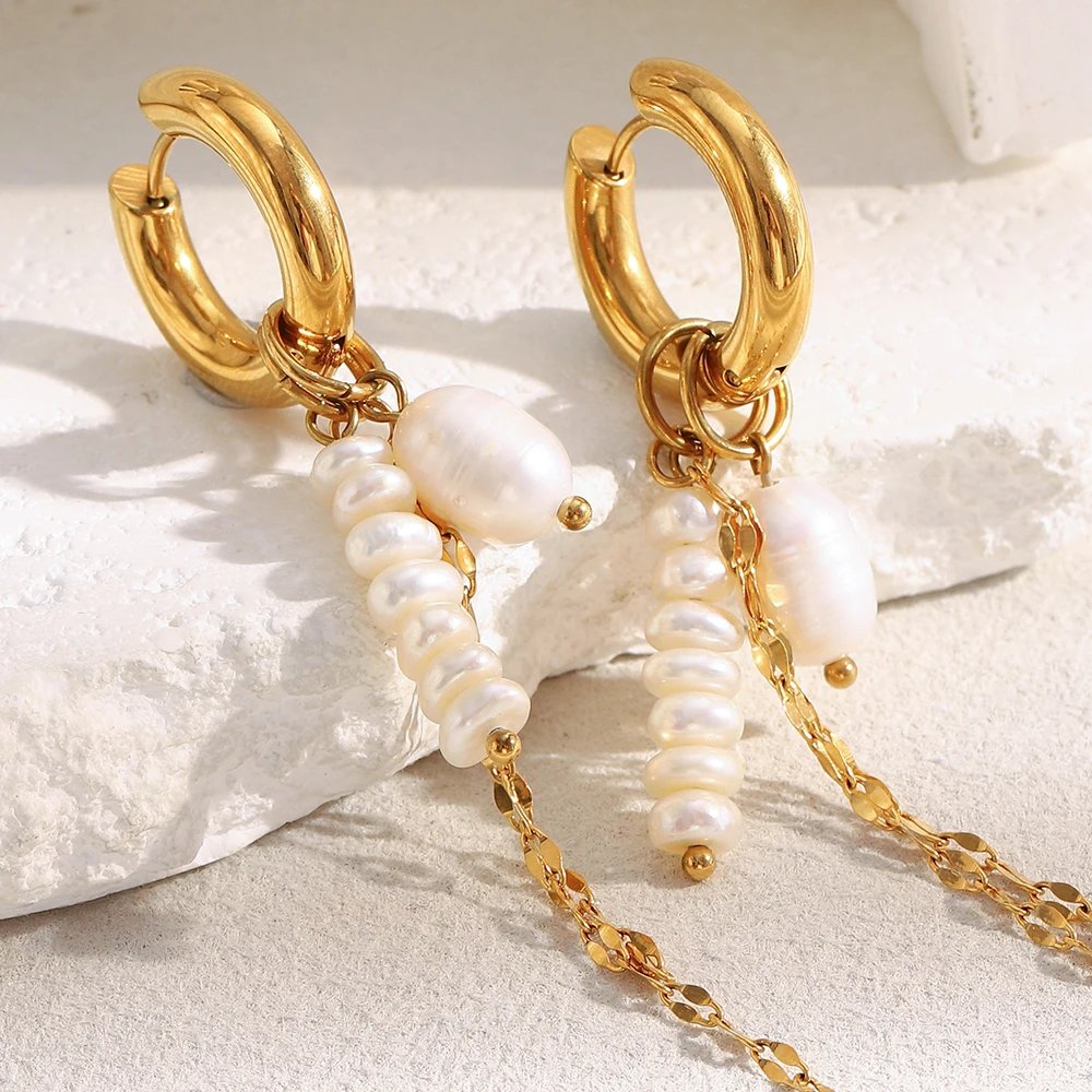 E.B.belle PVD Plated Gold Color Pearl Tassel Chain Hoop Earrings Stainless Steel Elegant Style Fashion Women Jewelry Wholesales E.B.belle PVD Plated Gold Color Pearl Tassel Chain Hoop Earrings Stainless Steel Elegant Style Fashion Women Jewelry Wholesales