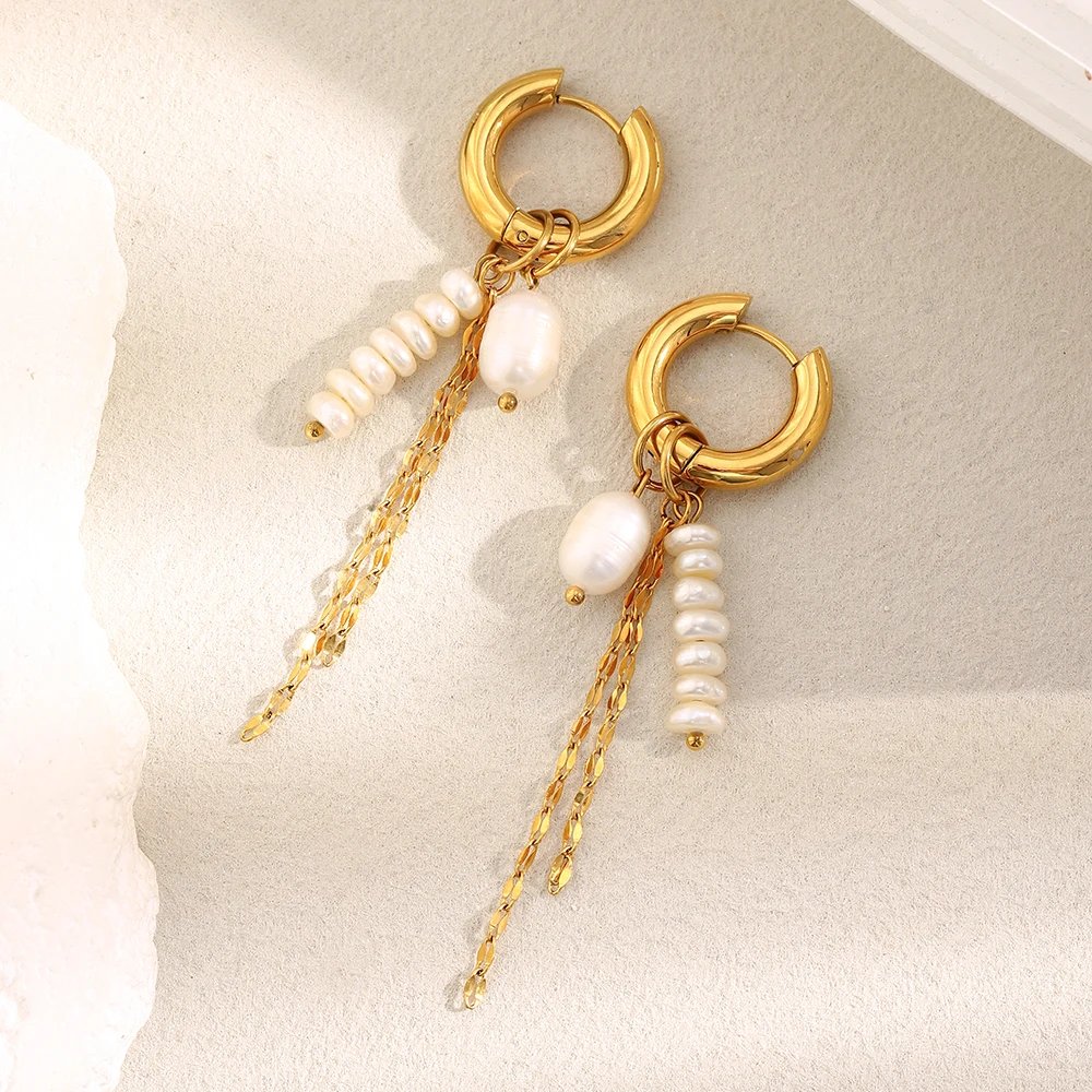 E.B.belle PVD Plated Gold Color Pearl Tassel Chain Hoop Earrings Stainless Steel Elegant Style Fashion Women Jewelry Wholesales E.B.belle PVD Plated Gold Color Pearl Tassel Chain Hoop Earrings Stainless Steel Elegant Style Fashion Women Jewelry Wholesales