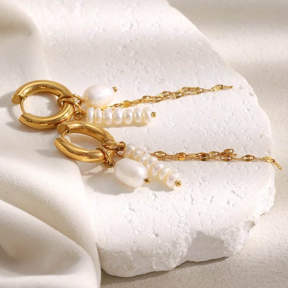 E.B.belle PVD Plated Gold Color Pearl Tassel Chain Hoop Earrings Stainless Steel Elegant Style Fashion Women Jewelry Wholesales E.B.belle PVD Plated Gold Color Pearl Tassel Chain Hoop Earrings Stainless Steel Elegant Style Fashion Women Jewelry Wholesales