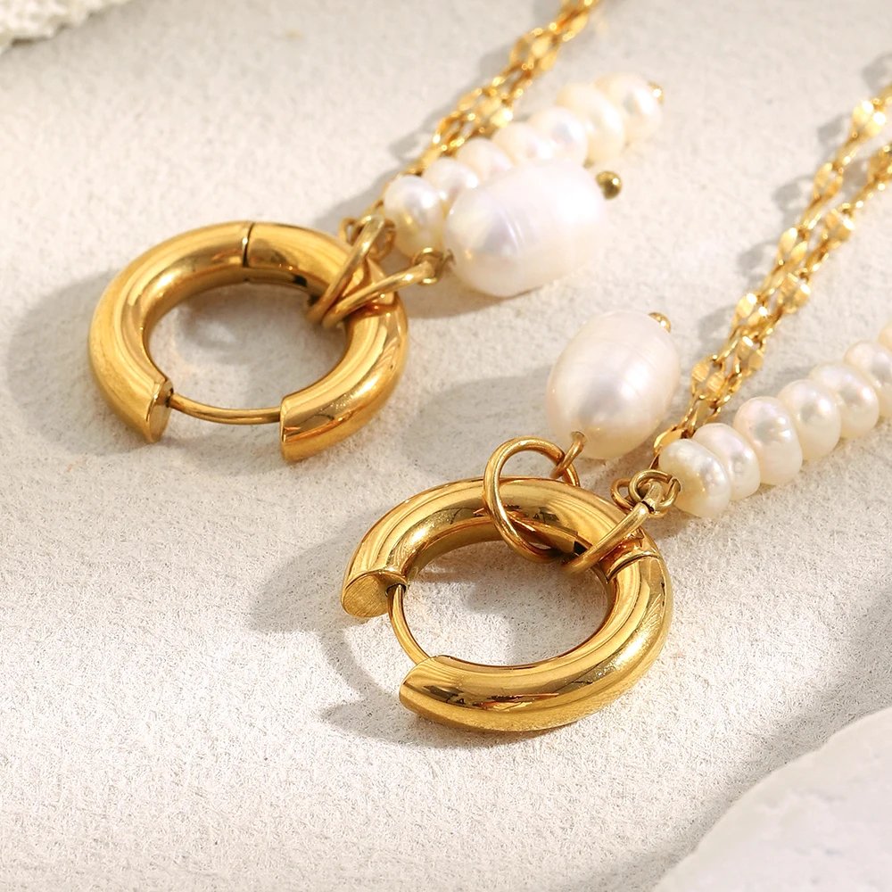 E.B.belle PVD Plated Gold Color Pearl Tassel Chain Hoop Earrings Stainless Steel Elegant Style Fashion Women Jewelry Wholesales E.B.belle PVD Plated Gold Color Pearl Tassel Chain Hoop Earrings Stainless Steel Elegant Style Fashion Women Jewelry Wholesales