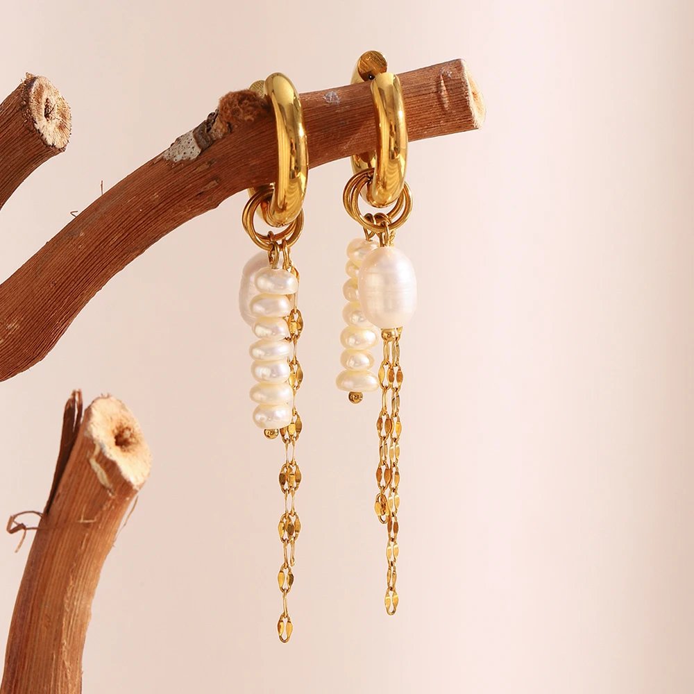 E.B.belle PVD Plated Gold Color Pearl Tassel Chain Hoop Earrings Stainless Steel Elegant Style Fashion Women Jewelry Wholesales E.B.belle PVD Plated Gold Color Pearl Tassel Chain Hoop Earrings Stainless Steel Elegant Style Fashion Women Jewelry Wholesales