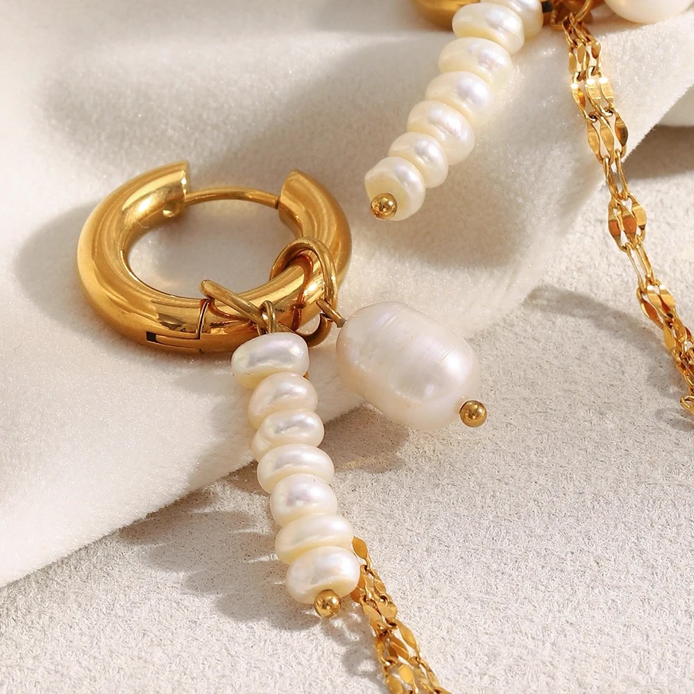 E.B.belle PVD Plated Gold Color Pearl Tassel Chain Hoop Earrings Stainless Steel Elegant Style Fashion Women Jewelry Wholesales E.B.belle PVD Plated Gold Color Pearl Tassel Chain Hoop Earrings Stainless Steel Elegant Style Fashion Women Jewelry Wholesales