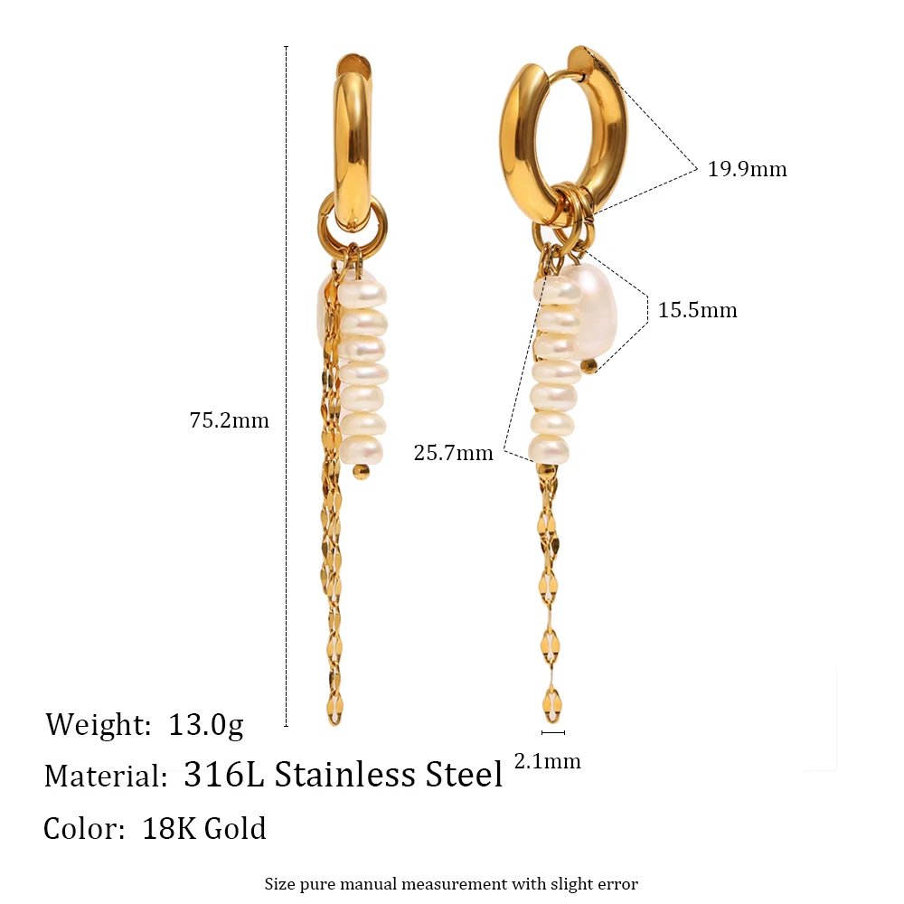 E.B.belle PVD Plated Gold Color Pearl Tassel Chain Hoop Earrings Stainless Steel Elegant Style Fashion Women Jewelry Wholesales E.B.belle PVD Plated Gold Color Pearl Tassel Chain Hoop Earrings Stainless Steel Elegant Style Fashion Women Jewelry Wholesales