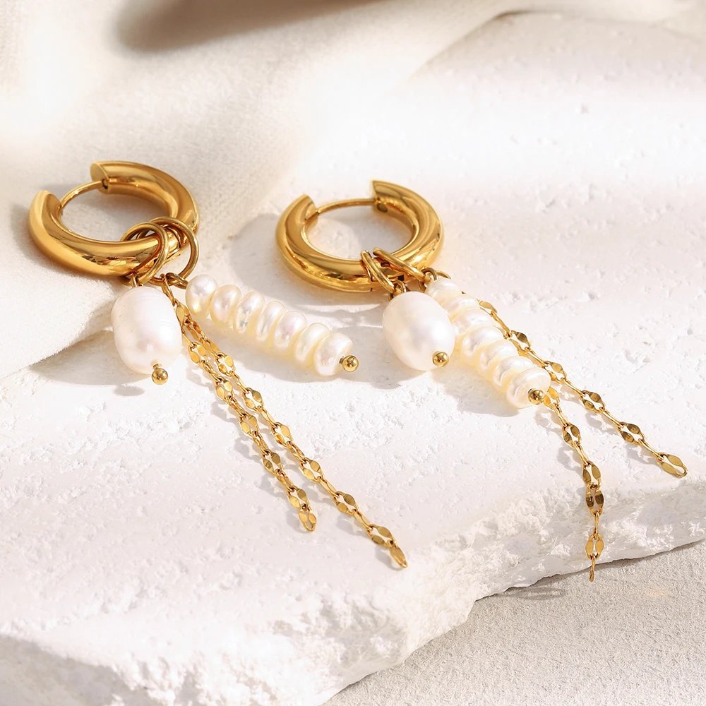 E.B.belle PVD Plated Gold Color Pearl Tassel Chain Hoop Earrings Stainless Steel Elegant Style Fashion Women Jewelry Wholesales E.B.belle PVD Plated Gold Color Pearl Tassel Chain Hoop Earrings Stainless Steel Elegant Style Fashion Women Jewelry Wholesales