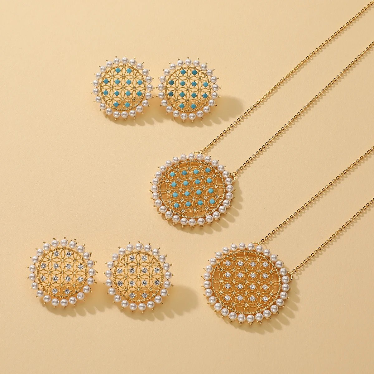 New Romatic Women's Fashion Pearl Zircon Necklace & Earrings Set Round Simple Arabic style Gold Jewelry Set for Party Wedding New Romatic Women's Fashion Pearl Zircon Necklace & Earrings Set Round Simple Arabic style Gold Jewelry Set for Party Wedding