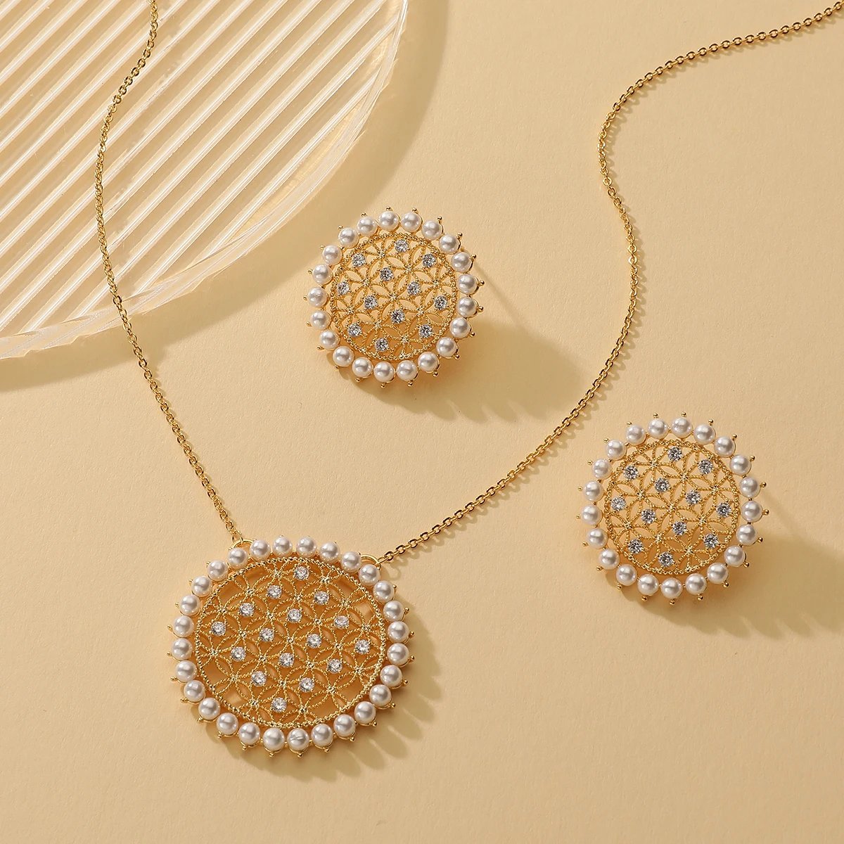 New Romatic Women's Fashion Pearl Zircon Necklace & Earrings Set Round Simple Arabic style Gold Jewelry Set for Party Wedding New Romatic Women's Fashion Pearl Zircon Necklace & Earrings Set Round Simple Arabic style Gold Jewelry Set for Party Wedding