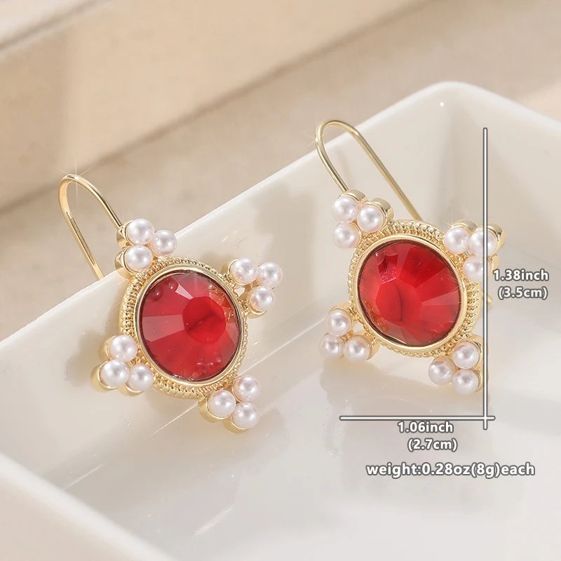 Vintage Red Green Synthetic Zirconia Imitation Pearl Dangle Earrings for Women Fashion Temperament Anniversary Jewelry Accessory