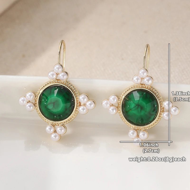 Vintage Red Green Synthetic Zirconia Imitation Pearl Dangle Earrings for Women Fashion Temperament Anniversary Jewelry Accessory