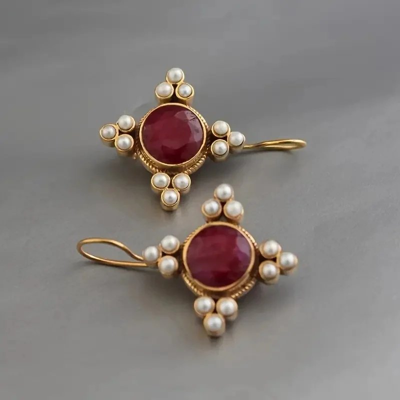 Vintage Red Green Synthetic Zirconia Imitation Pearl Dangle Earrings for Women Fashion Temperament Anniversary Jewelry Accessory