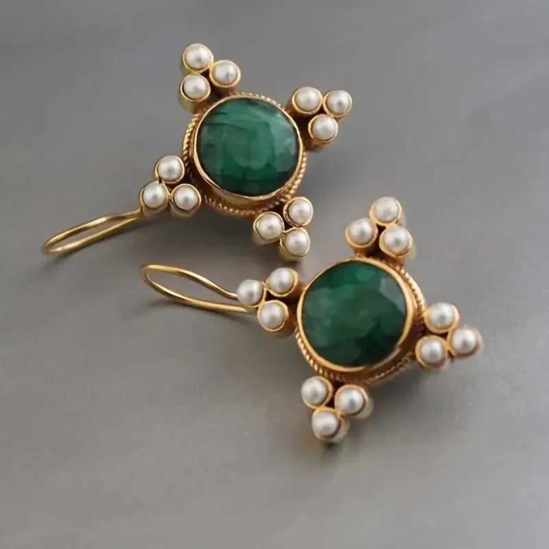 Vintage Red Green Synthetic Zirconia Imitation Pearl Dangle Earrings for Women Fashion Temperament Anniversary Jewelry Accessory