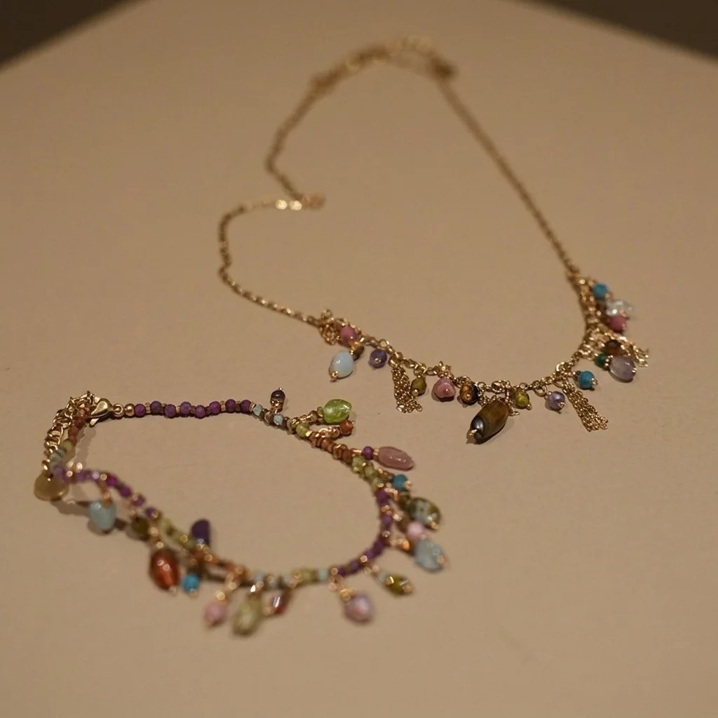 Bohemian Necklace Bracelet Set Natural Stone Colorful Millet Beads Tassel Pendant Crystal Water Drop Collarbone Chain for Women