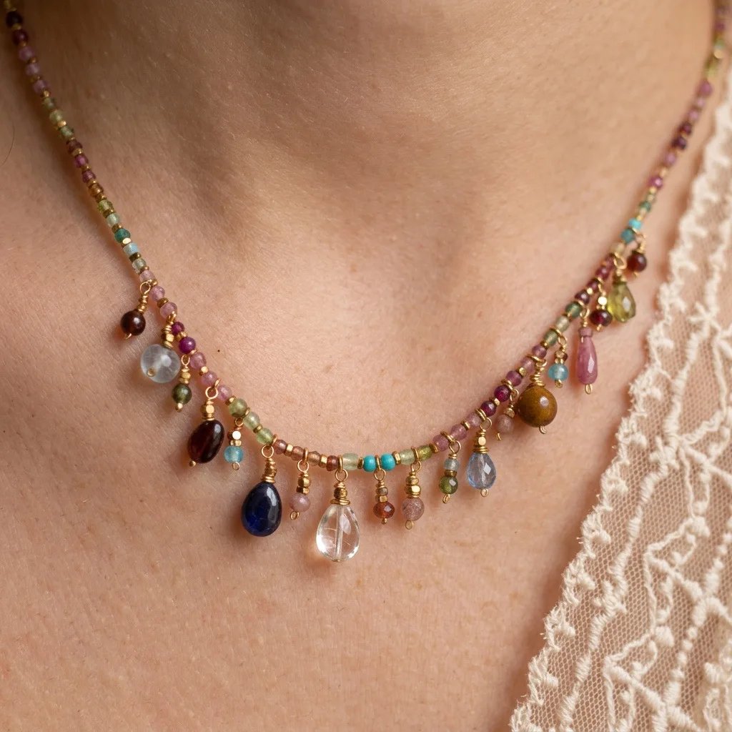 Bohemian Necklace Bracelet Set Natural Stone Colorful Millet Beads Tassel Pendant Crystal Water Drop Collarbone Chain for Women