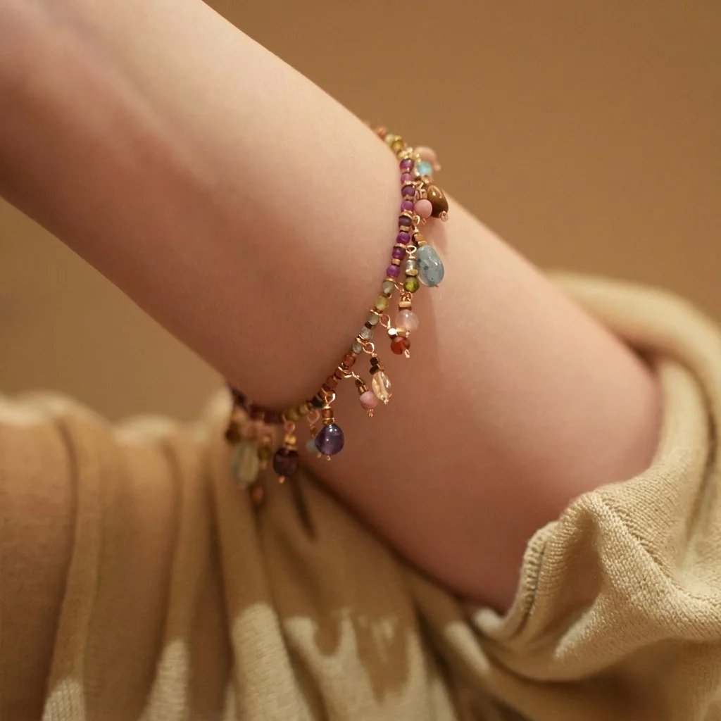 Bohemian Necklace Bracelet Set Natural Stone Colorful Millet Beads Tassel Pendant Crystal Water Drop Collarbone Chain for Women