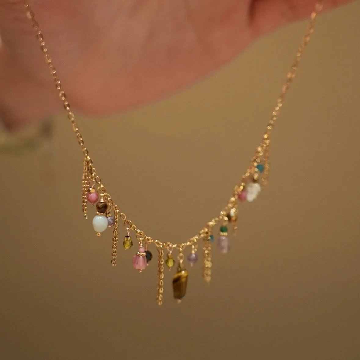 Bohemian Necklace Bracelet Set Natural Stone Colorful Millet Beads Tassel Pendant Crystal Water Drop Collarbone Chain for Women