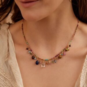 Multicolor Boho Necklace Bracelet Set Natural Gem Millet Beads Tassel Pendant Water Drop Chain for Women