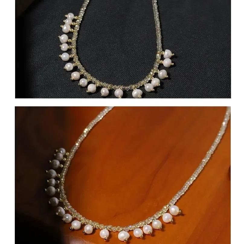 Natural Freshwater Pearl Crystal Tassel Necklace Korean Style Women Luxury Jewelry Fashion Ladies and Girls Gift GN0673