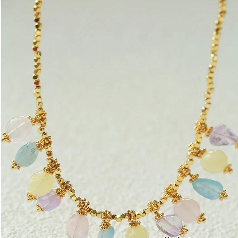 Europe Fashion Colorful Natural Stone Gold Chain Necklace Women Dainty Romantic Bohemian Jewelry Trend