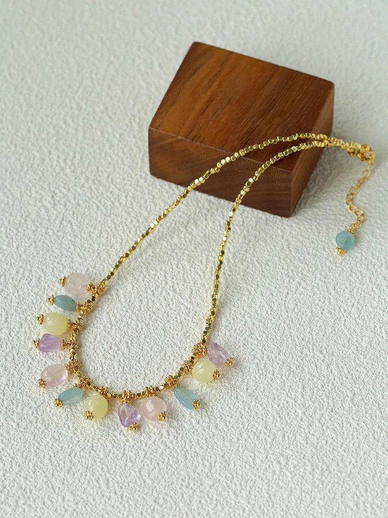 Europe Fashion Colorful Natural Stone Gold Chain Necklace Women Dainty Romantic Bohemian Jewelry Trend