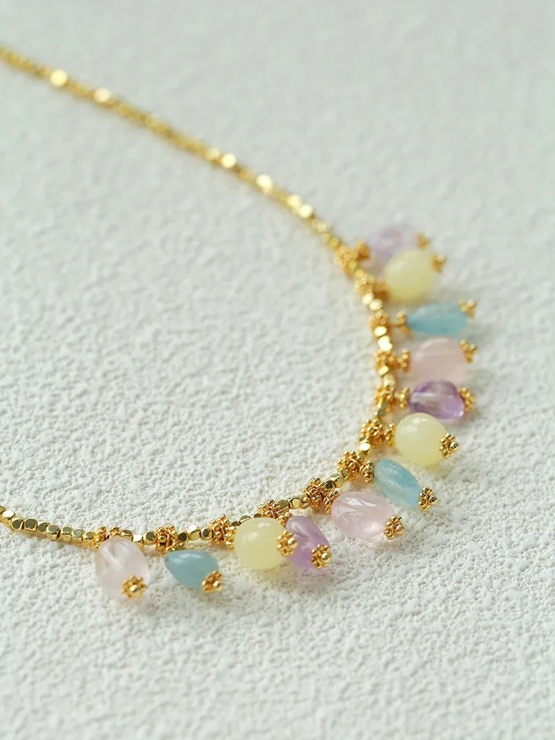 Europe Fashion Colorful Natural Stone Gold Chain Necklace Women Dainty Romantic Bohemian Jewelry Trend