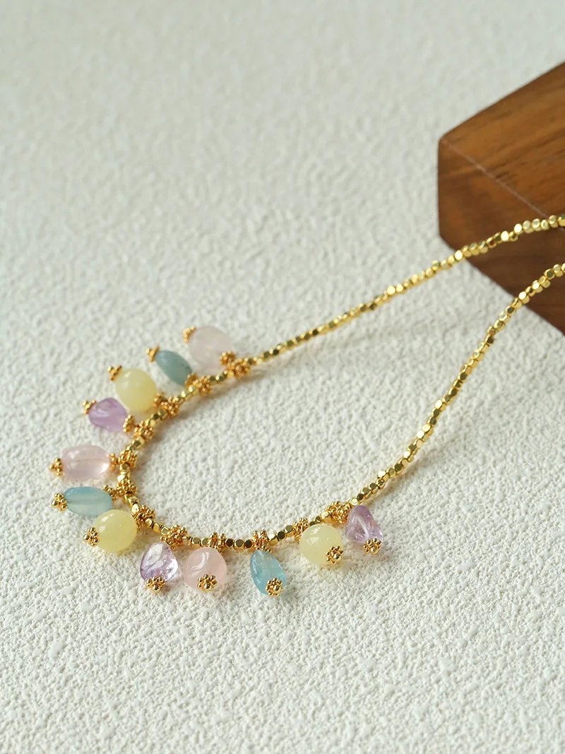 Europe Fashion Colorful Natural Stone Gold Chain Necklace Women Dainty Romantic Bohemian Jewelry Trend