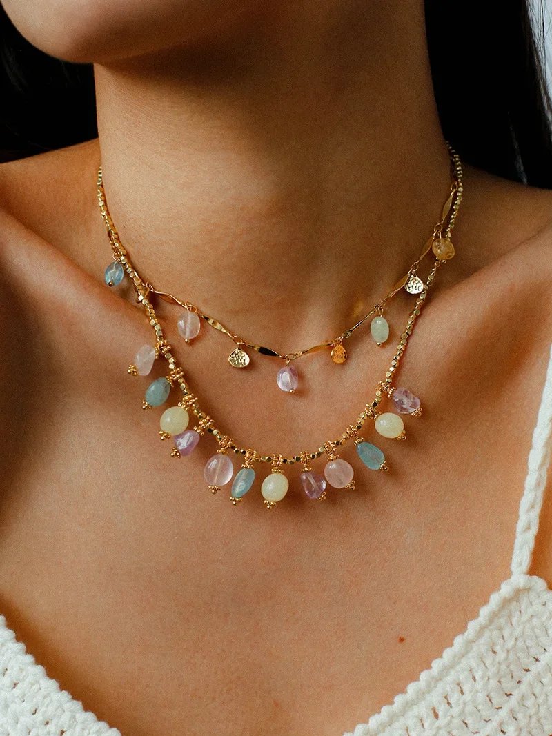 Europe Fashion Colorful Natural Stone Gold Chain Necklace Women Dainty Romantic Bohemian Jewelry Trend