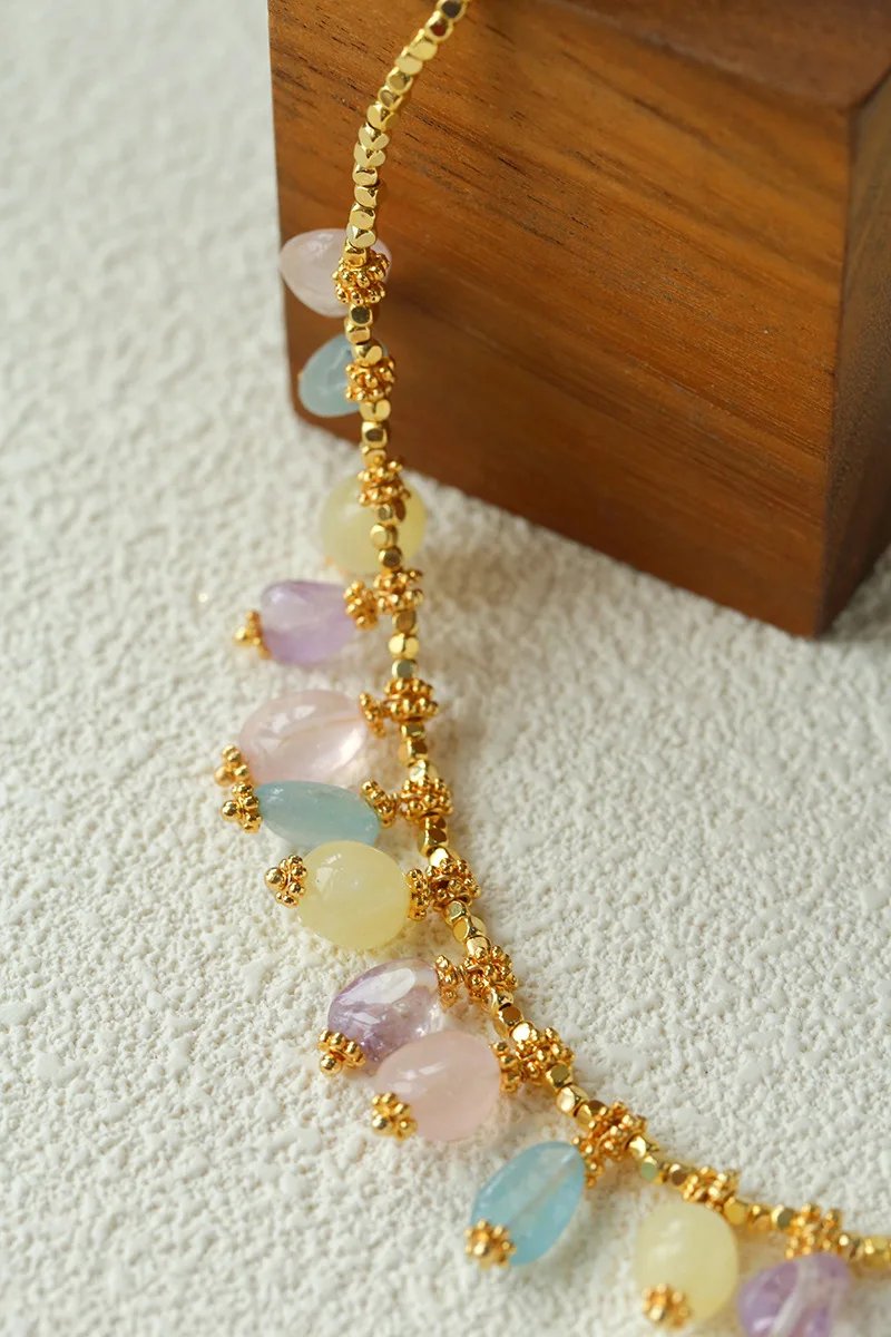 Europe Fashion Colorful Natural Stone Gold Chain Necklace Women Dainty Romantic Bohemian Jewelry Trend