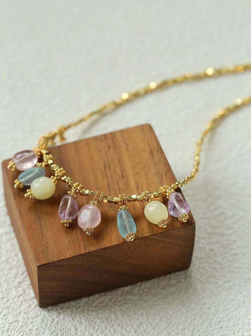 Europe Fashion Colorful Natural Stone Gold Chain Necklace Women Dainty Romantic Bohemian Jewelry Trend