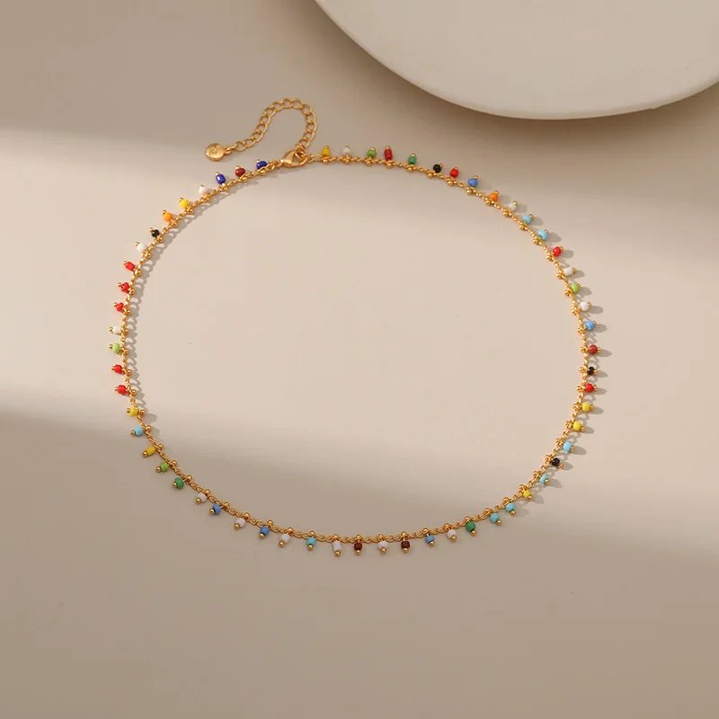 Plated With 18k Gold Colorful Rice Beads Exotic Charm Necklace for Women Ethnic Style Short Clavicle Chain Fashion Jewelry Gifts