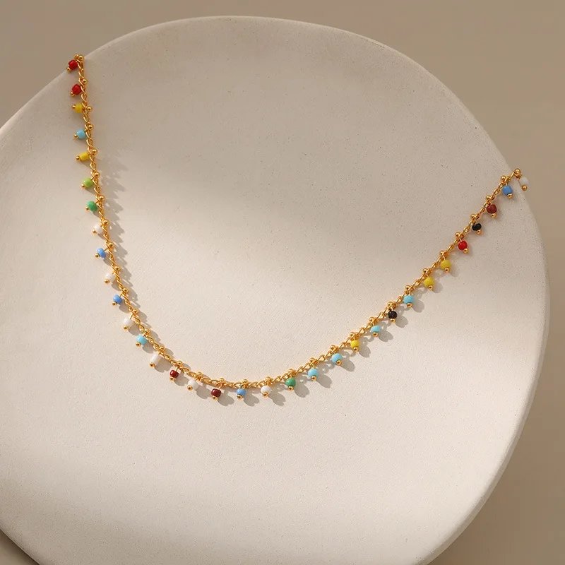 Plated With 18k Gold Colorful Rice Beads Exotic Charm Necklace for Women Ethnic Style Short Clavicle Chain Fashion Jewelry Gifts