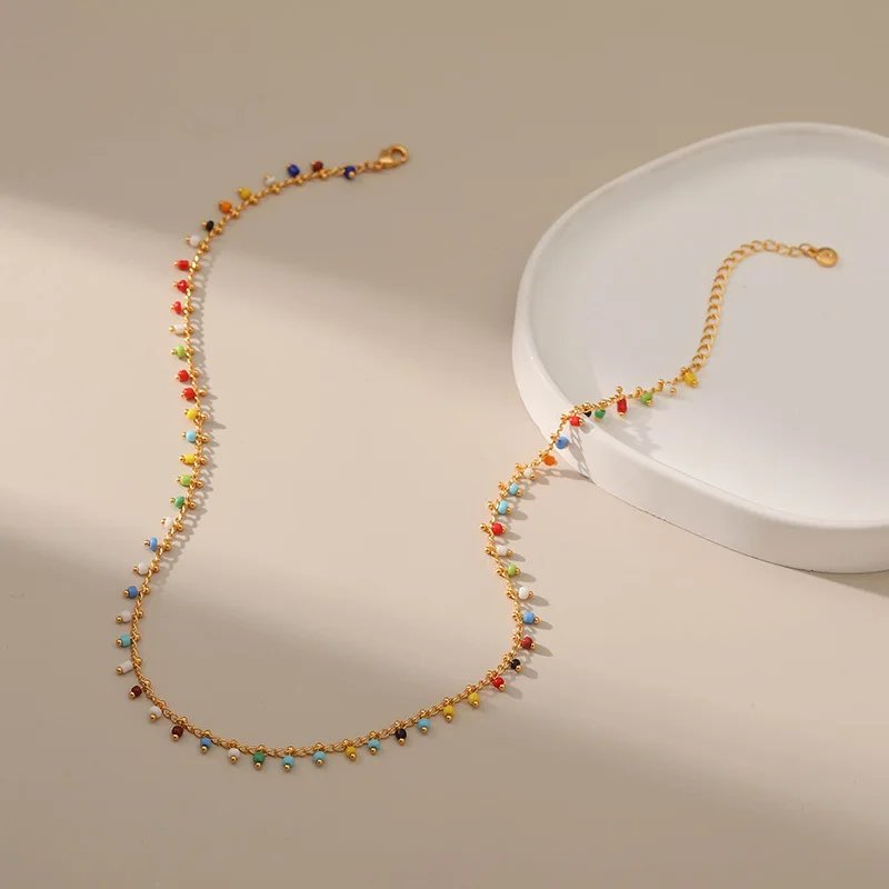 Plated With 18k Gold Colorful Rice Beads Exotic Charm Necklace for Women Ethnic Style Short Clavicle Chain Fashion Jewelry Gifts