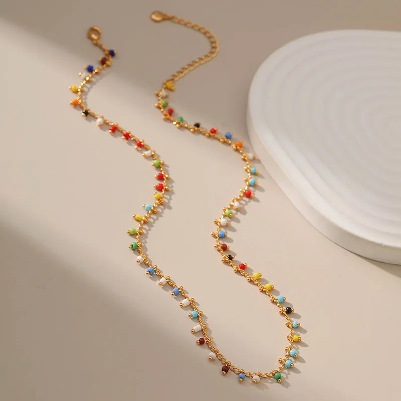 Plated With 18k Gold Colorful Rice Beads Exotic Charm Necklace for Women Ethnic Style Short Clavicle Chain Fashion Jewelry Gifts