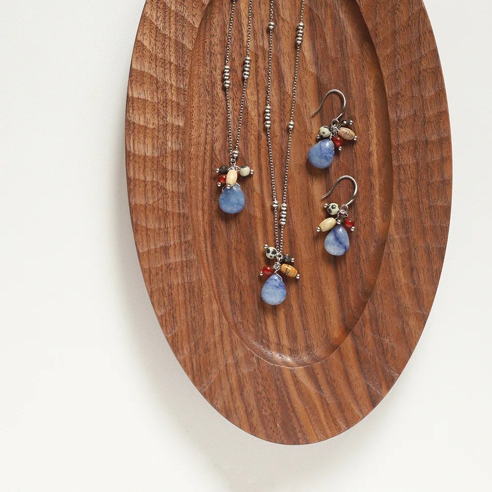Natural Stone Blue Dongling Water Drop Pendant Necklace Earrings Chic 18K Golden PVD Plated Stainless Steel Popular Jewelry Gift Natural Stone Blue Dongling Water Drop Pendant Necklace Earrings Chic 18K Golden PVD Plated Stainless Steel Popular Jewelry Gift
