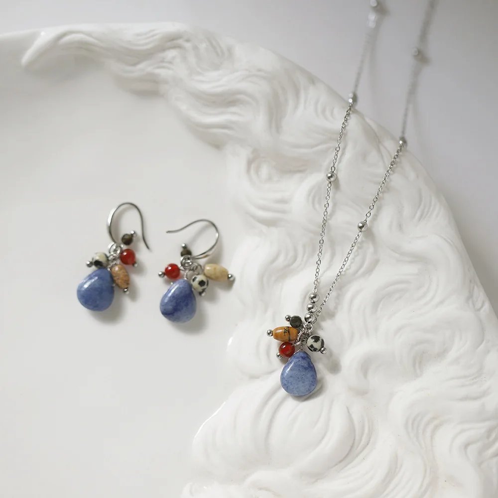 Natural Stone Blue Dongling Water Drop Pendant Necklace Earrings Chic 18K Golden PVD Plated Stainless Steel Popular Jewelry Gift Natural Stone Blue Dongling Water Drop Pendant Necklace Earrings Chic 18K Golden PVD Plated Stainless Steel Popular Jewelry Gift